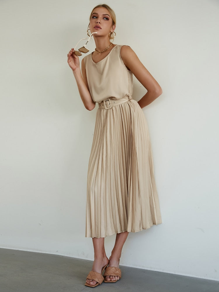 Cinessd  2022 Summer New Elegant Fashion Solid Chiffon Khaki Long Sleeve Mid-Skirt High Waist Slim Commuter Dress Dresses For Women