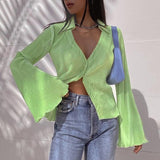 Cinessd  Green Single Breasted V Neck Casual Tops & Blouses Women Button Up Flare Long Sleeve Elegant Autumn Cardigan Shirts