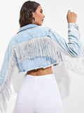 Cinessd  Cowboy Jacket Women's Fashion Tassel Stitching Women's Sexy Ripped Denim Jacket Retro Casual Short Denim Jacket Long Sleeve