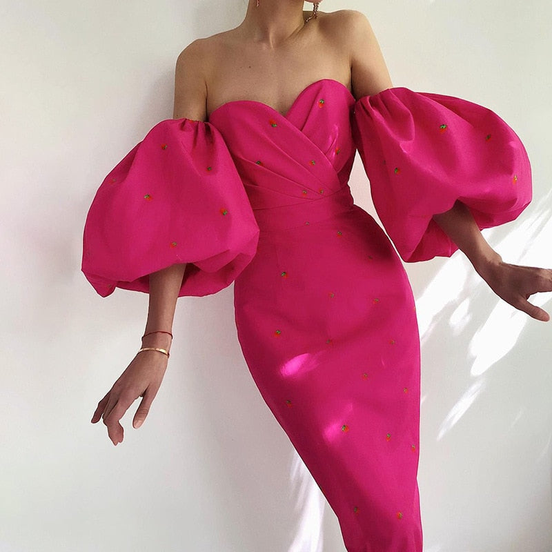 Cinessd  2022 Summer Female Elegant Dress Lantern Sleeve Casual Strawberry Print Sexy Off Shoulder Party Mid Calf Dress Party Clubwear