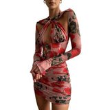 Cinessd Back To School Women Summer Vintage Floral Print Mini Dresses Draped Corset Dress Long Sleeve Cut Out Y2k Aesthetic Ruched Bodycon Dress