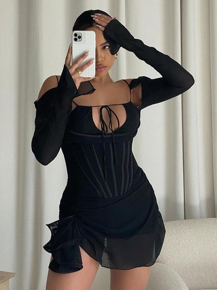 Cinessd  Sexy String Lace Up Cut Out Long Sleeve Mini Dress Women Slash Neck Ruched Black Goth Vestidos 2022 Summer Vintage Y2K Clothes