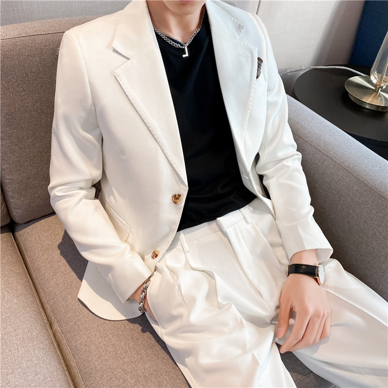 CINESSD    ( Jacket + Pants ) High End Men's Casual Business Suit Two-piece Set British Fashion Casual Suit Groom Wedding Dress Male Suit