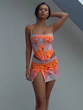 Cinessd  Two Piece Set Women Print Beach Outfits Sexy Spaghetti Strap Backless Top High Split Mini Skirts Suits 2022 Summer Y2k Clothes