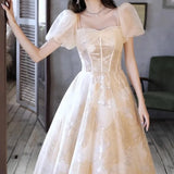 Cinessd -  Prom Dress Pleat Lace Up A-Line Vestido Fiesta Short Sleeves Slim Waist Formal Dress Dress Woman