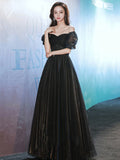 Cinessd Top Quality Black Long Evening Dress Transparent Short Sleeve A-Line Party Dresses Sequined V-neck Graduation Prom Gowns