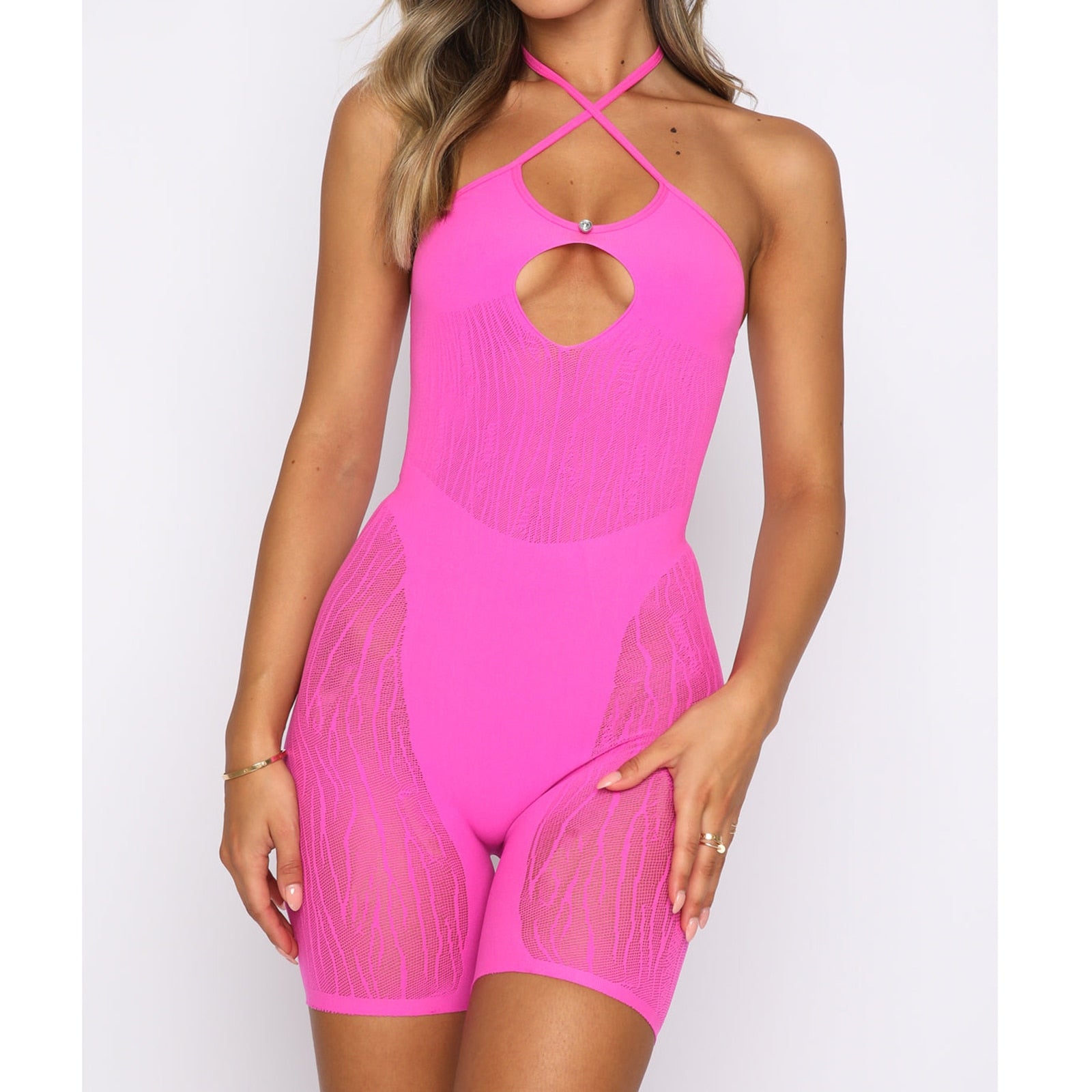 Cinessd  2022 Summer Playsuits Women  Sleeveless Cut Out Mesh Sheer Bodycon Romper Biker Fitness Club Sexy Jumpsuit Overalls Female