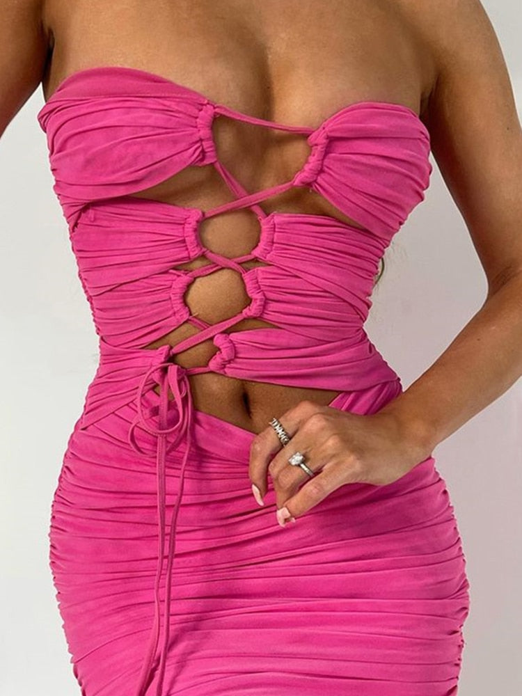 Cinessd  High Quality Summer Mesh Bodycon Dress Women Party Dress 2022 Lined Strapless Hollow Out Sexy Dress Celebrity Evening Club Dress