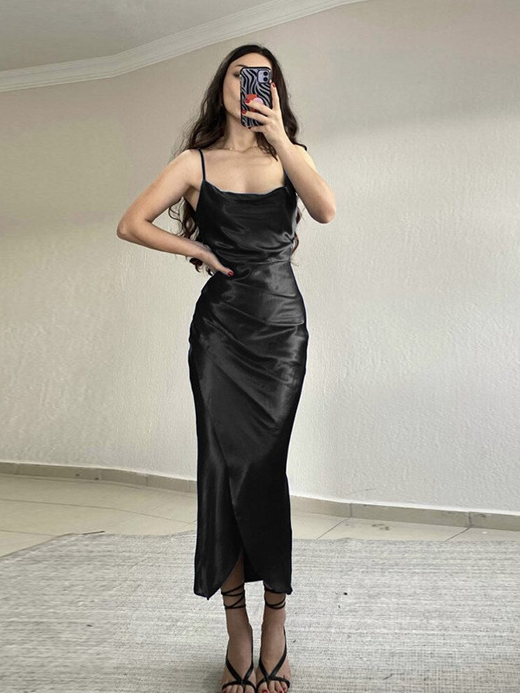 Cinessd Back to school outfit WJFZQM Sexy Split Satin Dress Strapless Spaghetti Strap Long Backless Dresses Party Casual Maxi Dress Women Gifts 2022 Summer