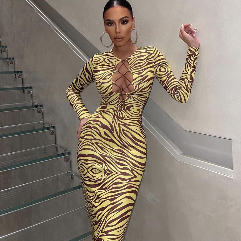 Cinessd Lace Up Hollow Out Midi Dress Women Zebra Print Long Sleeve Bodycon Sexy Streetwear Party Club Festival Clothes 2022