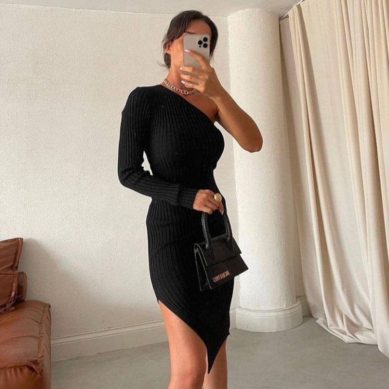 Cinessd  Autumn Winter Sweater Dress Womens 2022 Korean Fashion Elegant One Shoulder Dress Knitted Sweater Dress For Party Club