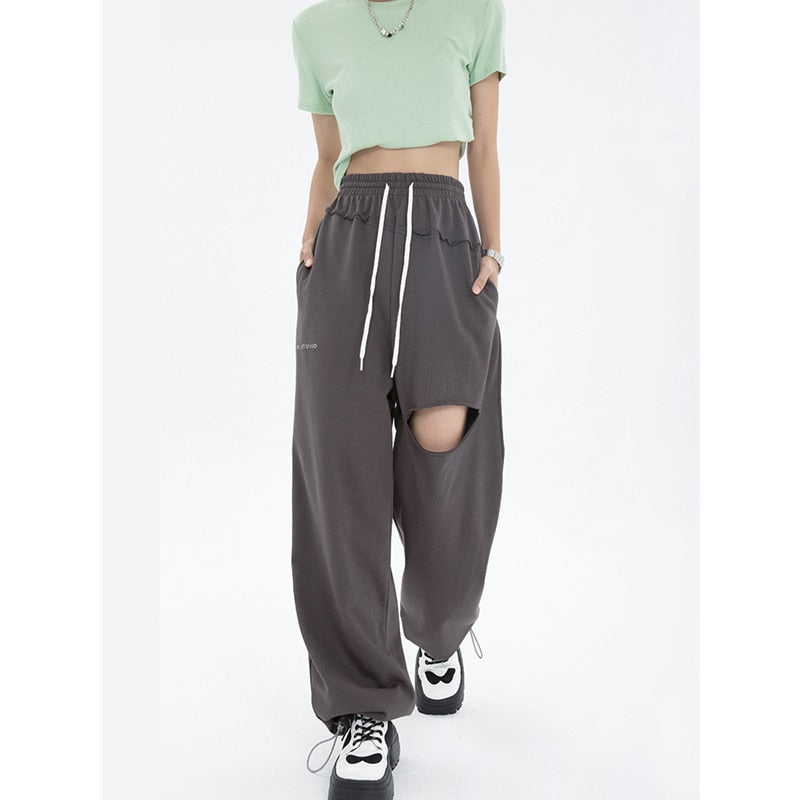 Cinessd  Grey Womans Ripped Sweat Pants High Waist Summer Vintage Straight Trouser American Style Baggy Wide Leg Drawstring Sweat  Pants