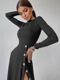 Cinessd   Autumn New High Slit Out Knit Dress Ladies Casual Long Sleeve Midi Dresses For Women Ribbed Knitted Slim Bodycon Vestidos