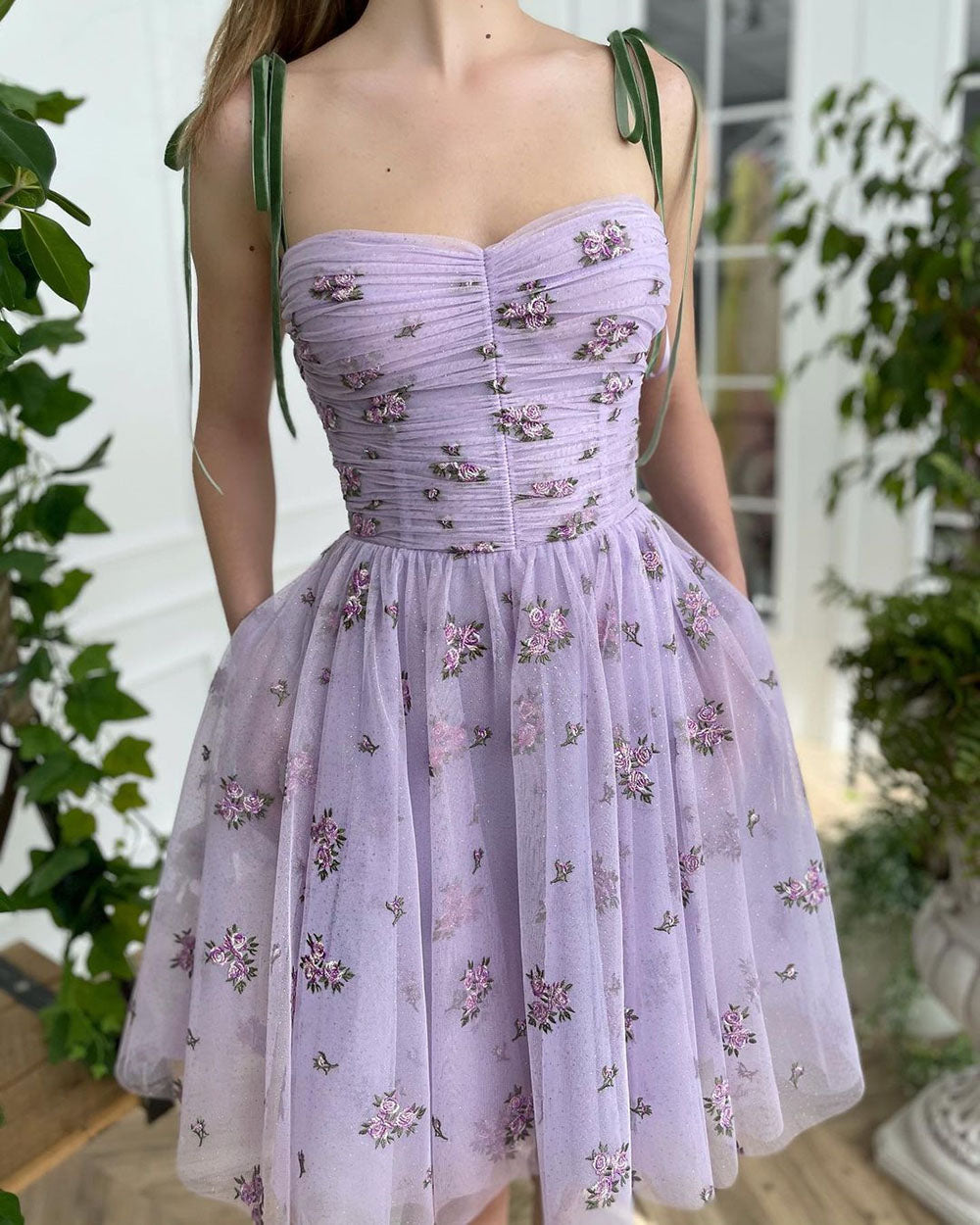 Cinessd  Lavender Tulle Mini Prom Dresses Embroidery Lace Appliques Short A-Line  Evening Dress Formal Party Dress With Pockets