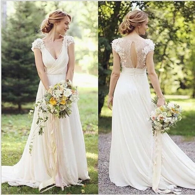 Cinessd  Elegant A-Line Wedding Dresses V-Neck Sweep Train Lace Cap Sleeve Country Romantic Illusion Detail Backless With Appliques