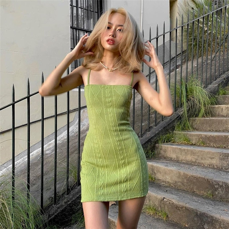 Cinessd  Women Fashion Elegant Streetwear Strap Mini Dress Summer 2022 New Solid Green Knit Stretch Slim Office Lady Dresses Sexy Party
