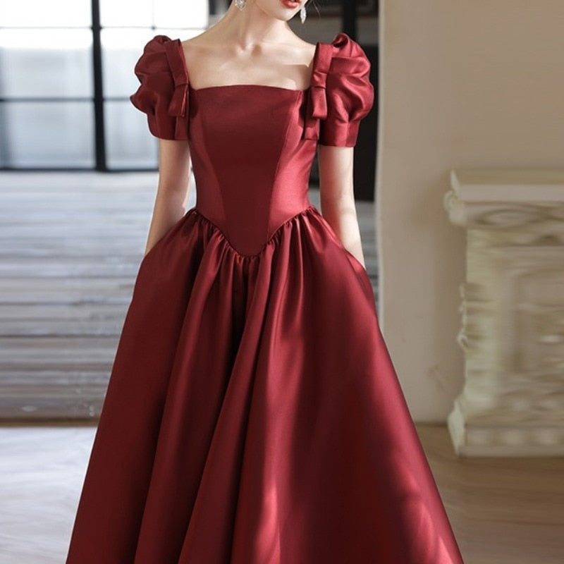 Cinessd    Wedding Guest Dresses for Women Short Puff Sleeves Pleat A-Line Burgundy Formal Dress Square Collar Satin Lace Up Dress Party