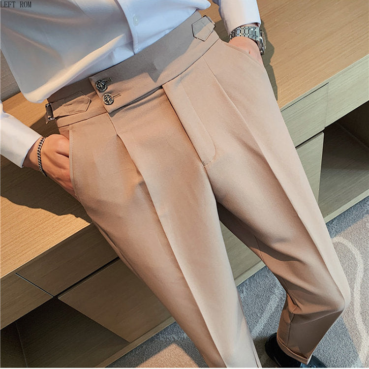 CINESSD   New 30 Color Mens Dress Suit Pants British High Waist Straight Men Social Trousers Belt Formal Pant Male Solid Stripe Grid