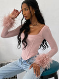 Cinessd  High Quality Summer Top Women 2022 New Arrivals Feather Long Sleeve Strechy Top Sexy Top Female Crop Top For Party Club