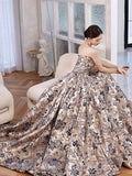 Cindssd  Luxury Printed Satin Evening Dresses With Train Strapless Long Women Formal Gowns Long Celebrirty Dresses