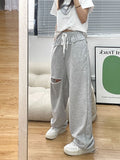 Cinessd  Grey Womans Ripped Sweat Pants High Waist Summer Vintage Straight Trouser American Style Baggy Wide Leg Drawstring Sweat  Pants