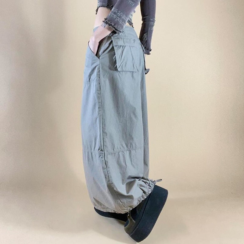 Cinessd  Low Waist Casual Loose Size Pockets Streetwear Cargo Long Skirts Womens Drawstring Hem Split Design Preppy Bottoms
