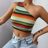 Cinessd  2022 Summer Cute Tank Top Camisole Women Sexy Shoulder Off Tee Shirt Femme Crop Colorful Tanks Camis Short Knitted T-Shirt Woman
