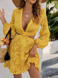 Cinessd Back to school outfit Sexy Hollow-Out Waist Mesh Holiday Dresses Lantern Sleeve V-Neck Backless Lace Up Mini Ruffles Dress Yellow Mini Dress