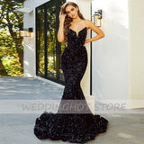 Cinessd Back to school outfit Sequin Evening Dresses Black Sexy Strapless V-Neck Luxury Ball Gowns 2022 Elegant Mermaid Sleeveless Floor Length Party Dress