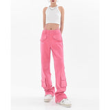 Cinessd  Women's Pink Cargo Jeans Pocket Straight Vintage Streetwear High Waist Casual Fashion Baggy Wide Leg Slit Denim Trouser Ladies