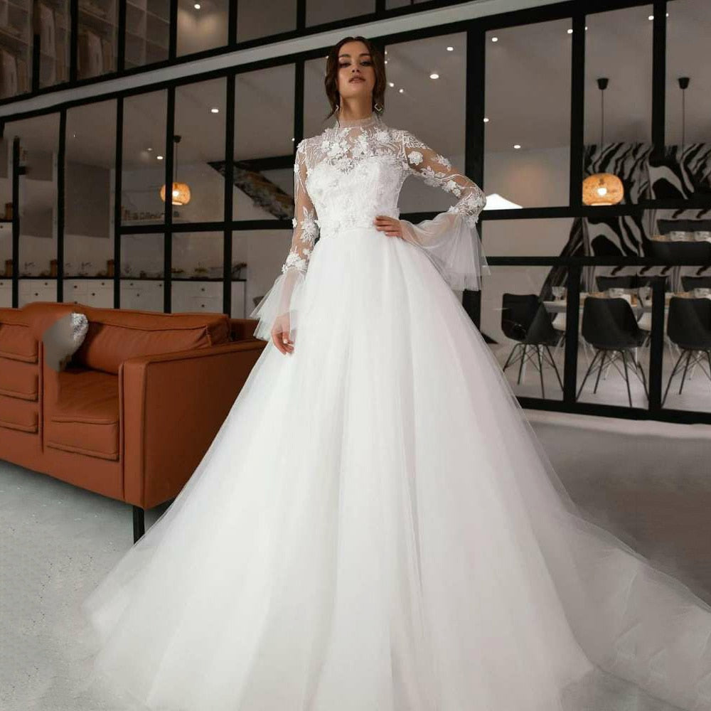 Princess Wedding Dress A-Line High neck Bride Dresses With 3D Flowers Long Sleeves Bridal For Women Custom Made Robe De Mariee