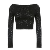 Cinessd  Hole Double Layer Mesh Crop Top Long Sleeve Slim Sexy Black T Shirt Women Slash Neck Elegant Spring Summer Streetwear