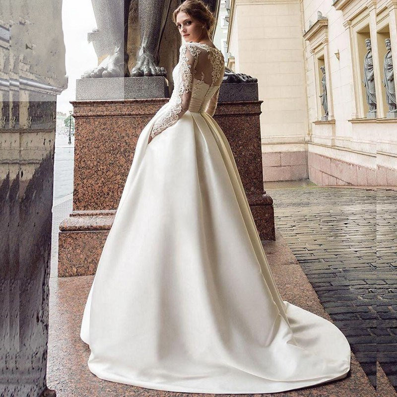 Cinessd Back to school outfit Lace Appliques Wedding Dress For Brides O- Neck Long Sleeves  Vintage Satin Bridal Gown Customize Robe Mariee For Women Elegan