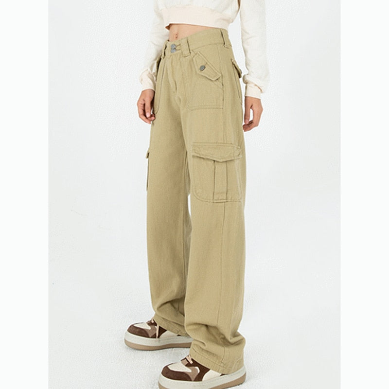 Cinessd  Woman's Cargo Jeans High Waist Summer Wide Leg Denim Trouser Baggy Street Chic Design Ladies Khaki Vintage Straight Jean Pants