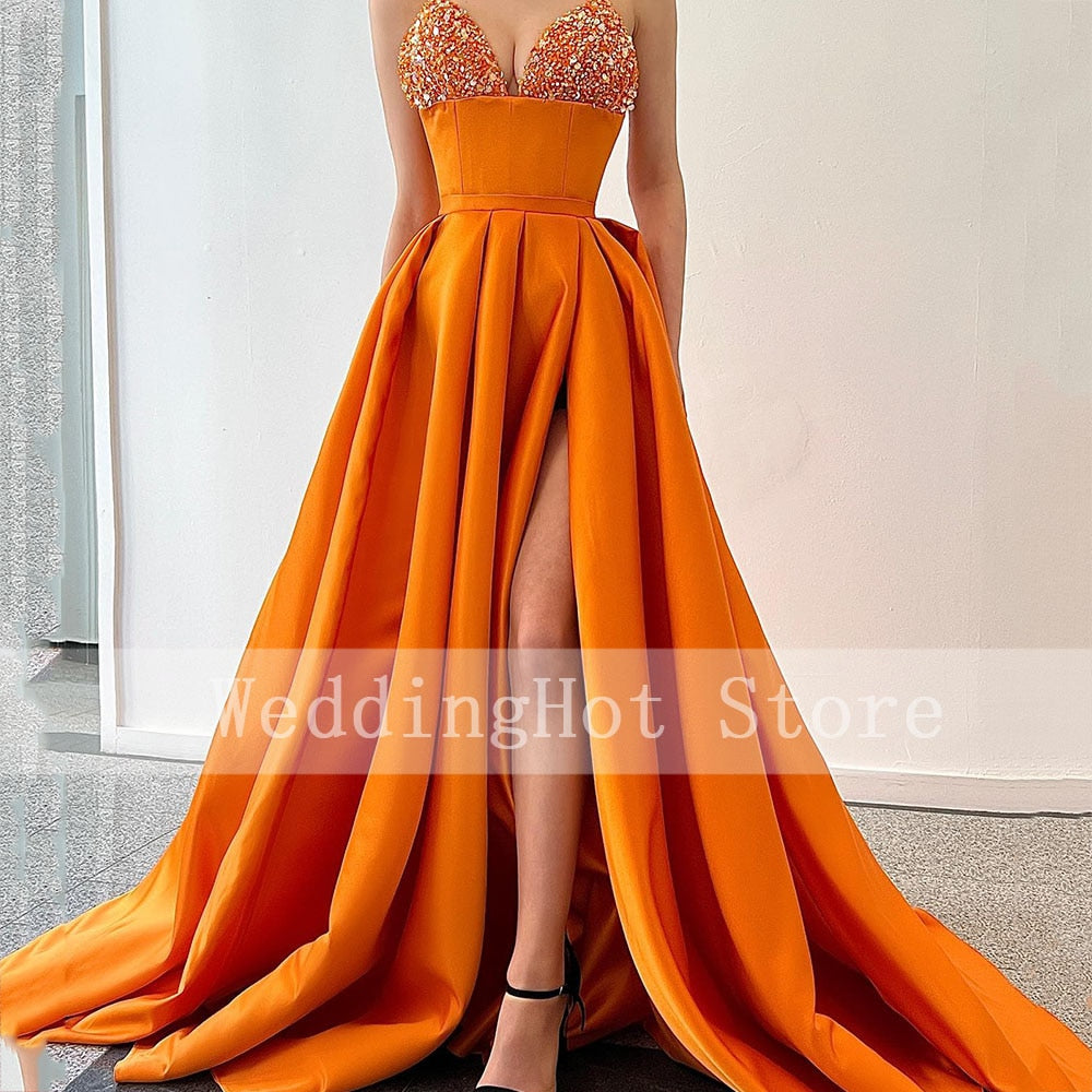 Cinessd Back to school outfit Orange Evening Dresses 2022 Spaghetti Strap V-Neck Sexy Formal Party Dress Pleat Side Split Sequin Satin Long Evening Gowns
