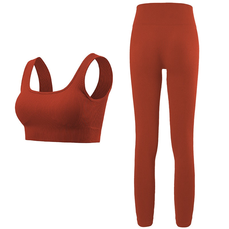 Cinessd   Women 2 Piece Yoga Set Fitness Suit Gym Sets Workout Sportswear Ribbed Leggings Sports Clothing Sexy Seamless Sport Outfit