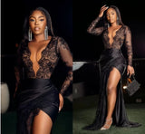 Cinessd  Black Lace Evening Dresses Deep V-Neck Long Sleeves High Slit Women Party Prom Dressing Gowns Mermaid Plus Size