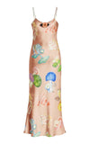 Cinessd  Satin Spaghetti Strap Bodycon Maxi Dress Ruffle Hem Floral Print V Neck Long Dress Sexy Backless Summer Holiday Beach Sundress