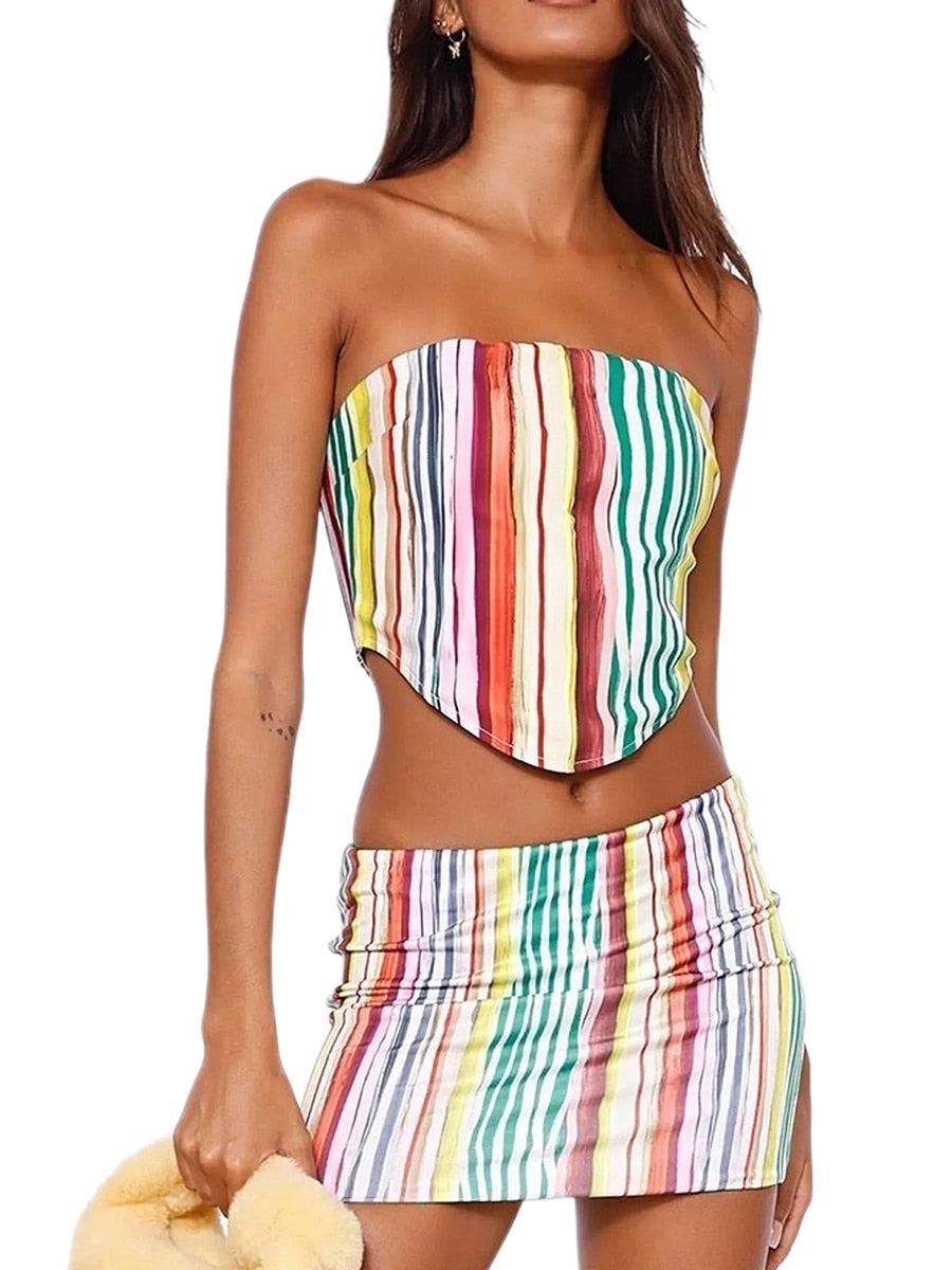 Cinessd  Women Colorful Striped Print Two Piece Skirts Set Y2K Off Shoulder Tube Tops Slim Fit Camis Mini Skirts Night Party Outfit Sets