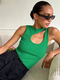 Cinessd  Nadafair Hollow Out Ribbed Knitted Y2K Tank Tops Women Skinny Casual 2022 Summer Green Tank Top Women Outfit Off Shoulder Top