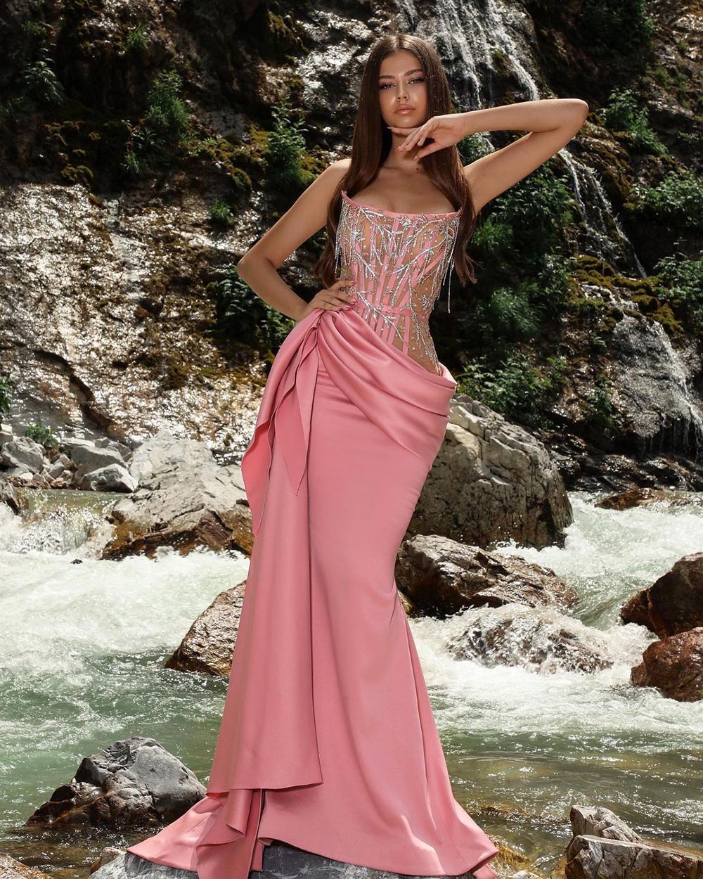 Cinessd  Pink Beading Crystal Tassel Satin Mermaid Evening Dresses Pleat Ruched Formal Party Dress Long Prom Gown Dubai Women 2022