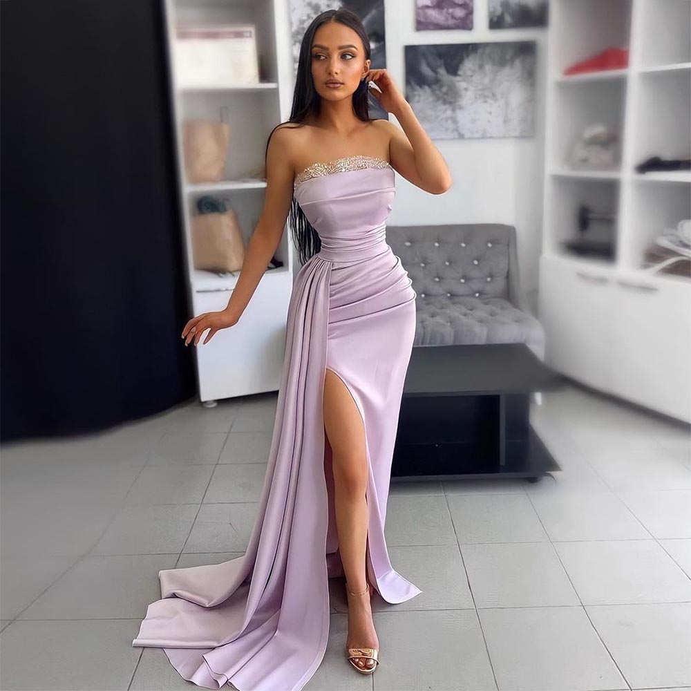 Cinessd  Lavender High Side Split Satin Mermaid Evening Dresses Pleat Ruched Dubai Women Long Prom Gown Formal Party Dress 2022