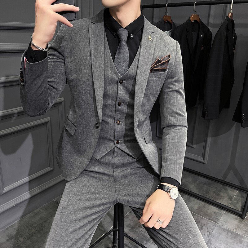 CINESSD   7XL Men's Dark Streaks Suit Casual Business Gentleman Blazer Vest Pants Groom Wedding Dress Tuxedo Slim Suits 3piece and 2piece
