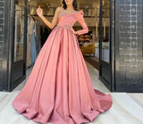 Cinessd  Beaded One Shoulder Long Sleeve Satin Pink Prom Dresses Pleated A-Line Sweep Train Robes De Soirée Evening Party Gowns