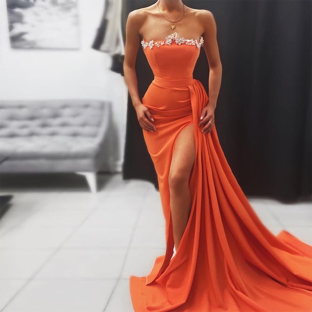 Cinessd  Orange High Side Split Satin Mermaid Evening Dresses Crystal Pearls Pleat Ruched Dubai Women Prom Gown Formal Party Dress