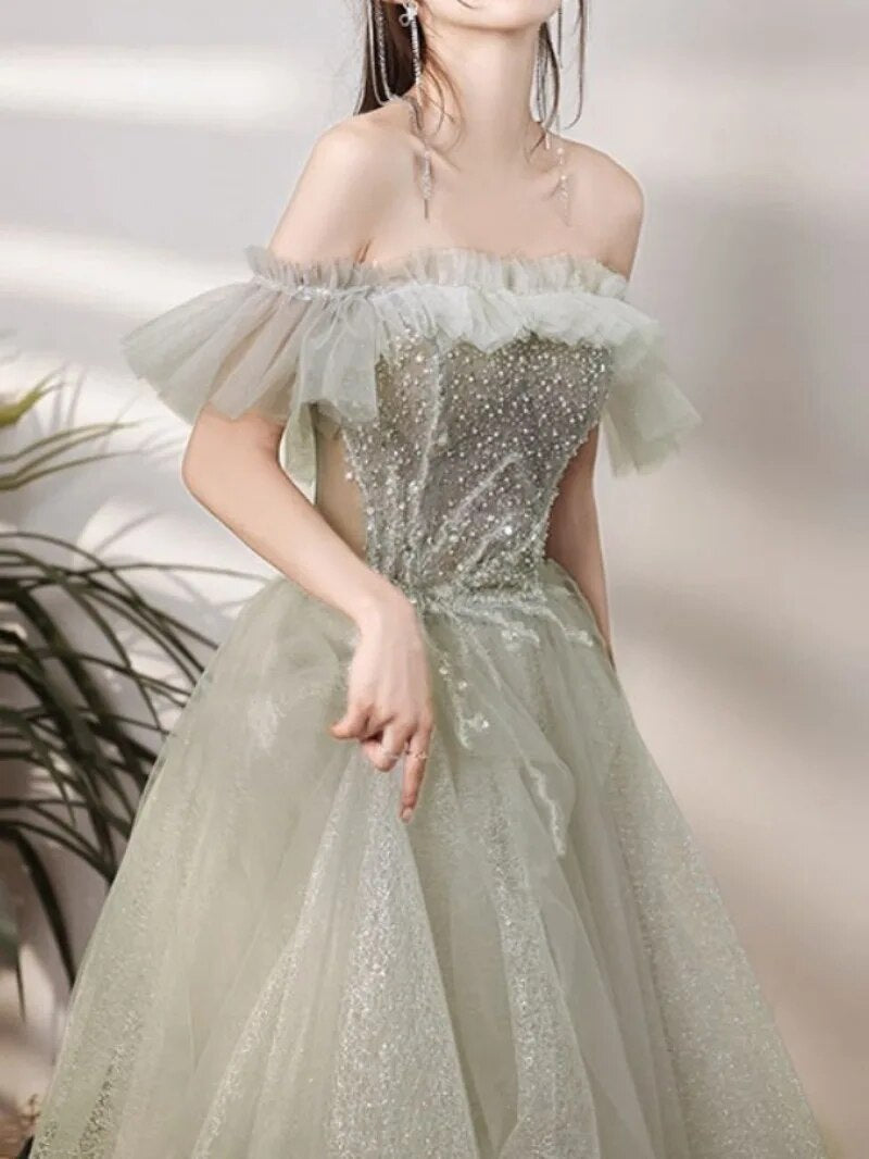 Cinessd - Fairy Off-shoulder Prom Gress Exquisite Sequins Beading Evening Dresses Long Luxury A-Line Tulle Prom Gowns Women Party Wear