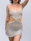 Cinessd  Hollow Out Knitted Dress Women Spaghetti Strap Sleeveless Cut Out See Through Dress Y2K Summer Club Beach Sexy Dresses
