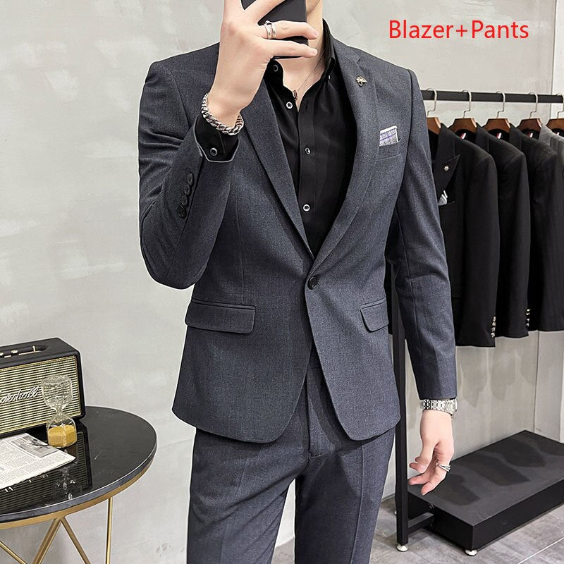 CINESSD     ( Blazer + Pants ) High End Brand Plaid Men's Casual Formal Office Business Suit Groom Wedding Dress Slim Suit Jacket Trousers