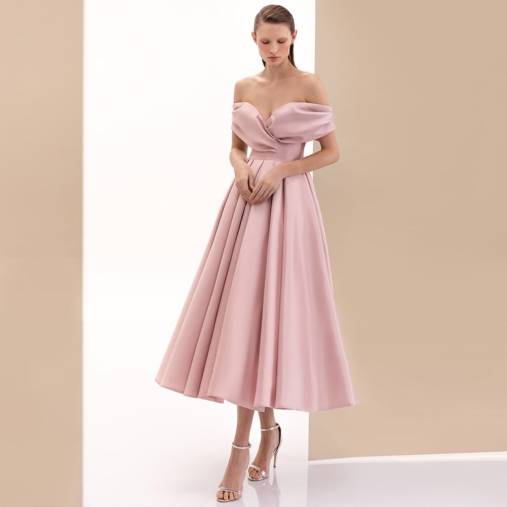 Pink Evening Dresses 2022 Satin Elegant V-Neck Off-The-Shoulder Ball Gowns Simple Sexy High Quality Back Bow A-Line Party Dress