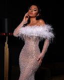 Cinessd  Luxury Feathers Sequined Mermaid Evening Dresses Long Sleeves Dubai Women Long Prom Gown Formal Party Dress 2022